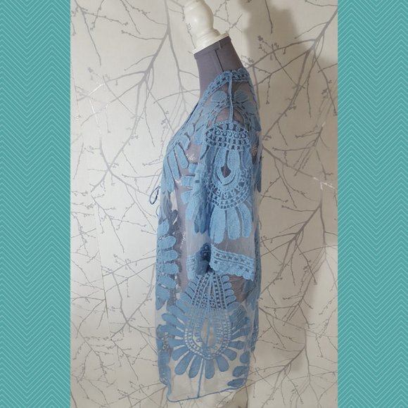 Forgotten Grace Blue Floral Embroidered Lace Open Front Long Cardigan - Picture 3 of 4